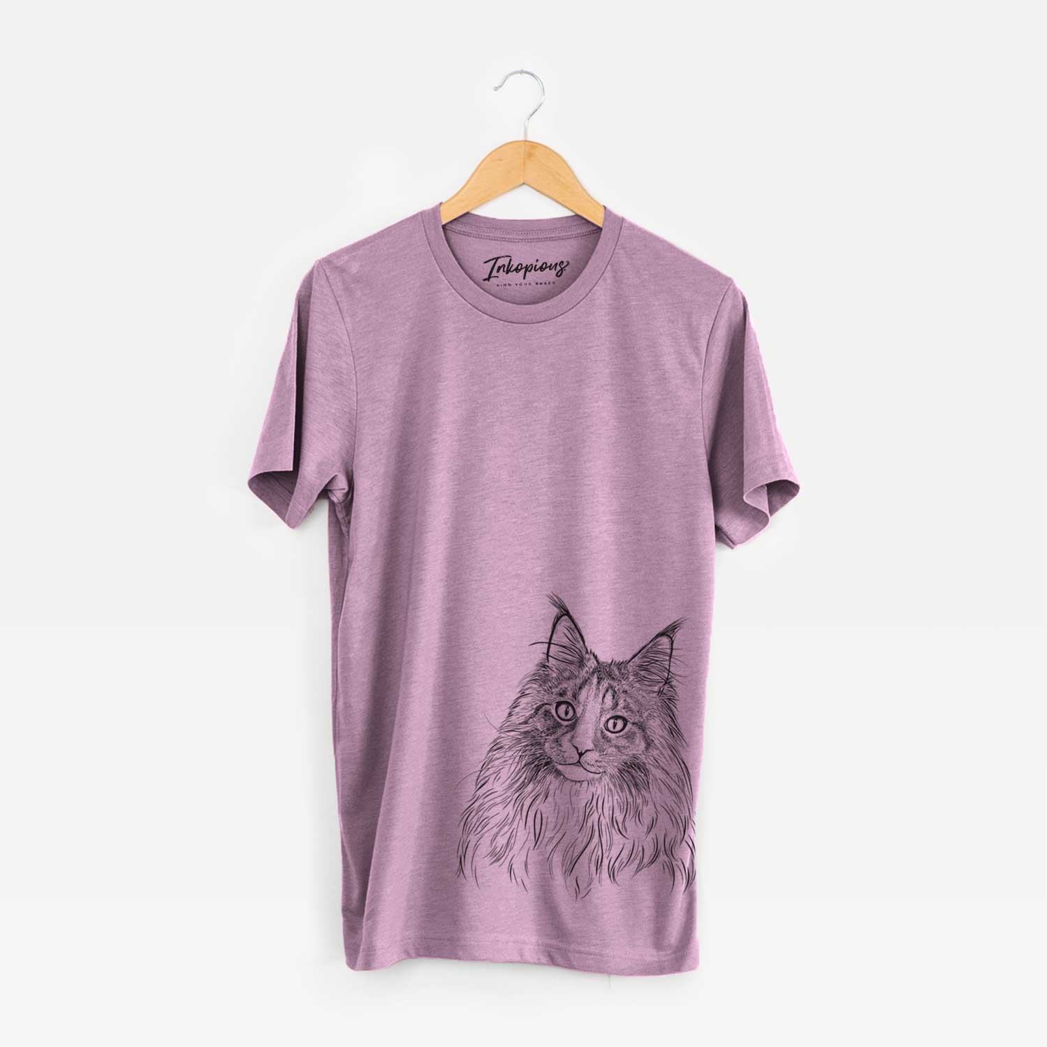 Hand-drawn sketch of Kiki the Maine Coon Cat on an Orchid Unisex crewneck