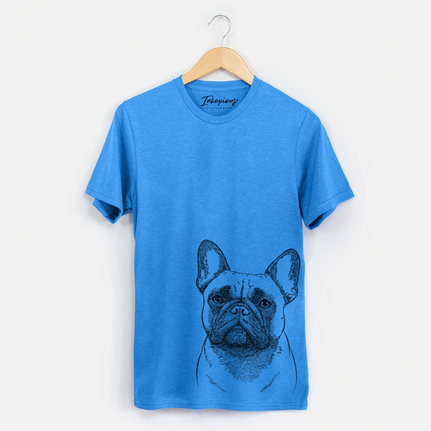 Hand-drawn sketch of Kingsleigh the French Bulldog on a Blue Unisex crewneck