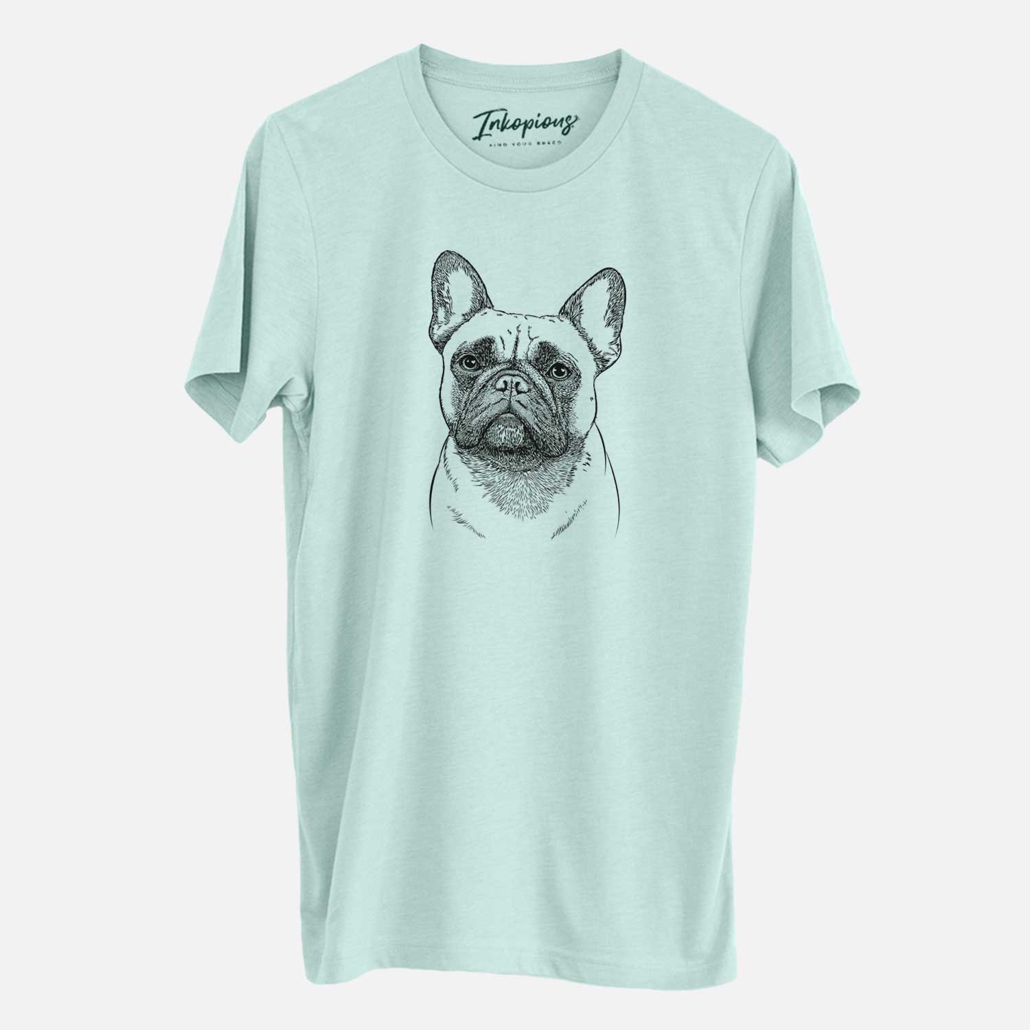 Hand-drawn sketch of Kingsleigh the French Bulldog on a Heather Sage Unisex crewneck