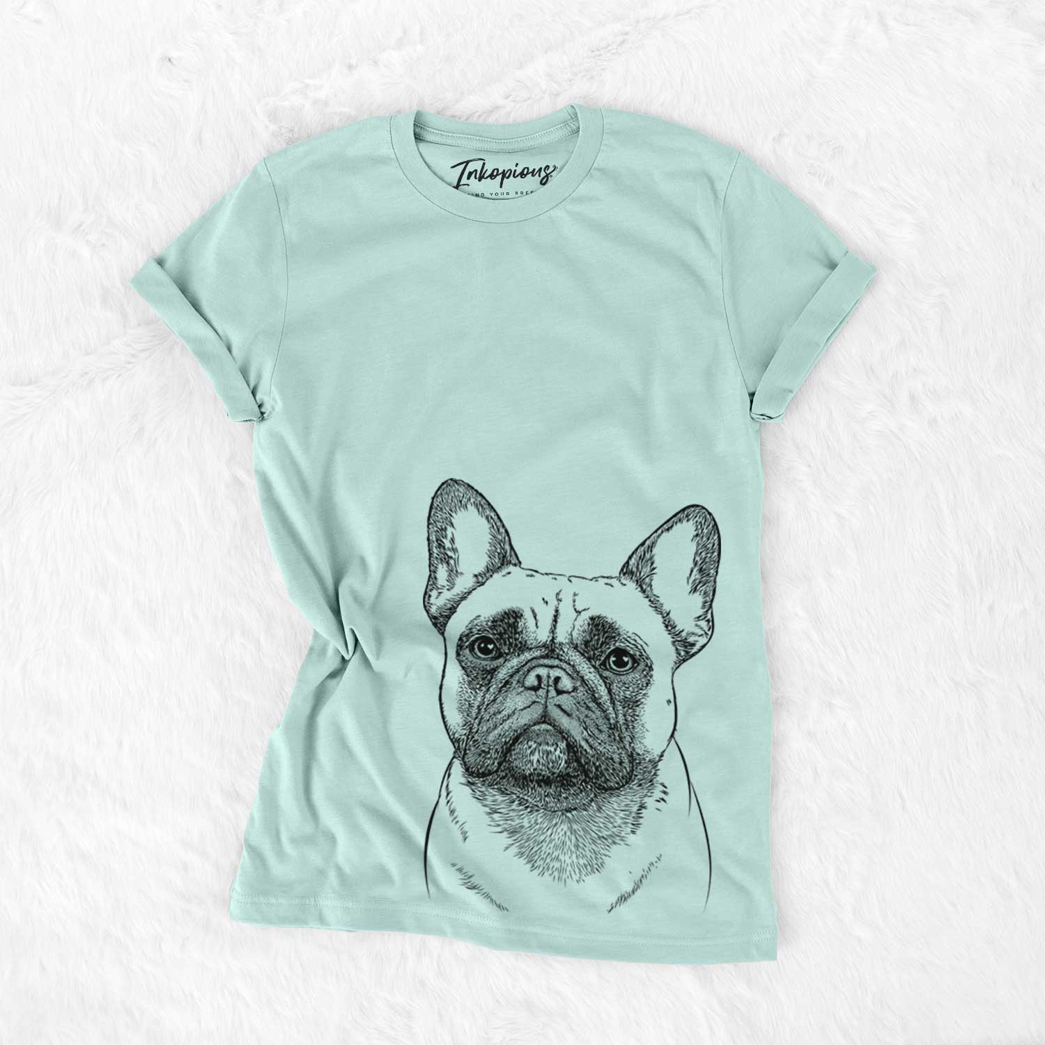 Hand-drawn sketch of Kingsleigh the French Bulldog on a Heather Sage Unisex crewneck