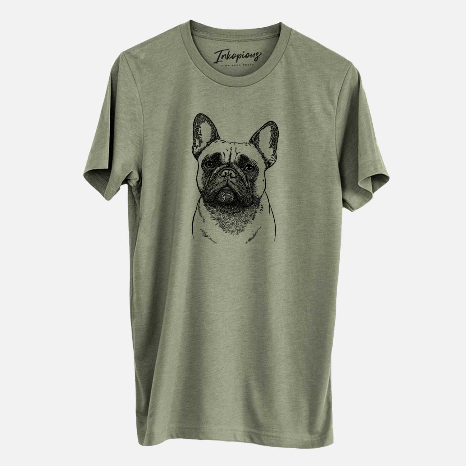 Hand-drawn sketch of Kingsleigh the French Bulldog on an Olive Unisex crewneck