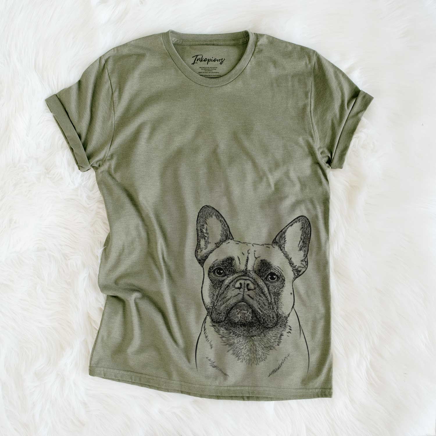 Hand-drawn sketch of Kingsleigh the French Bulldog on an Olive Unisex crewneck