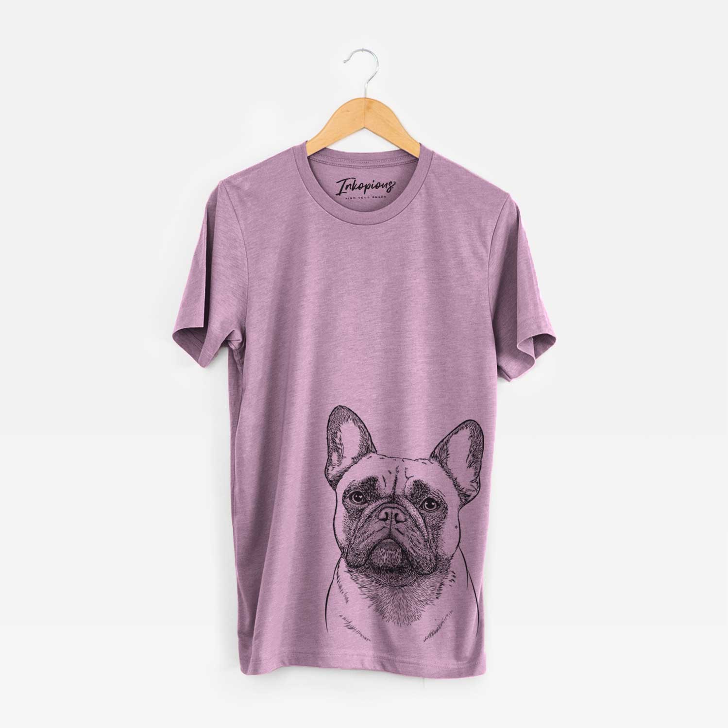 Hand-drawn sketch of Kingsleigh the French Bulldog on an Orchid Unisex crewneck