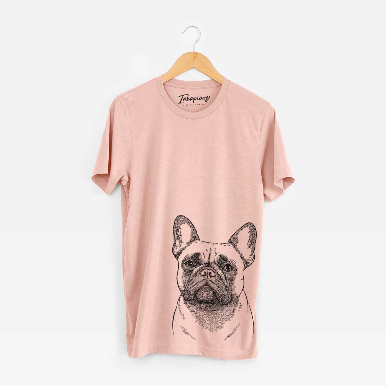 Hand-drawn sketch of Kingsleigh the French Bulldog on a Peach Unisex crewneck