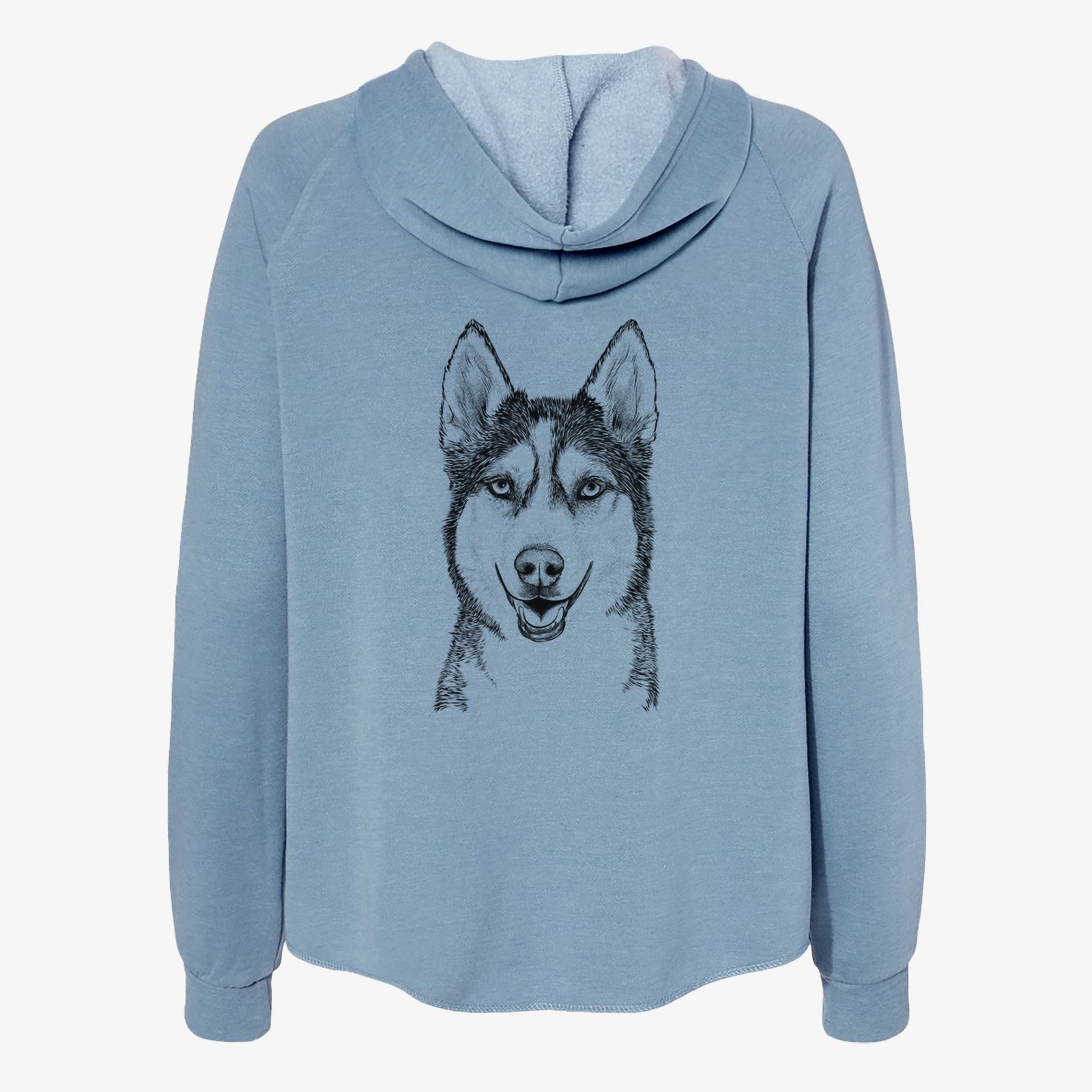 Hand-drawn sketch of Kira the Siberian Husky on a Misty Blue Women's cali wave zip-up sweatshirt