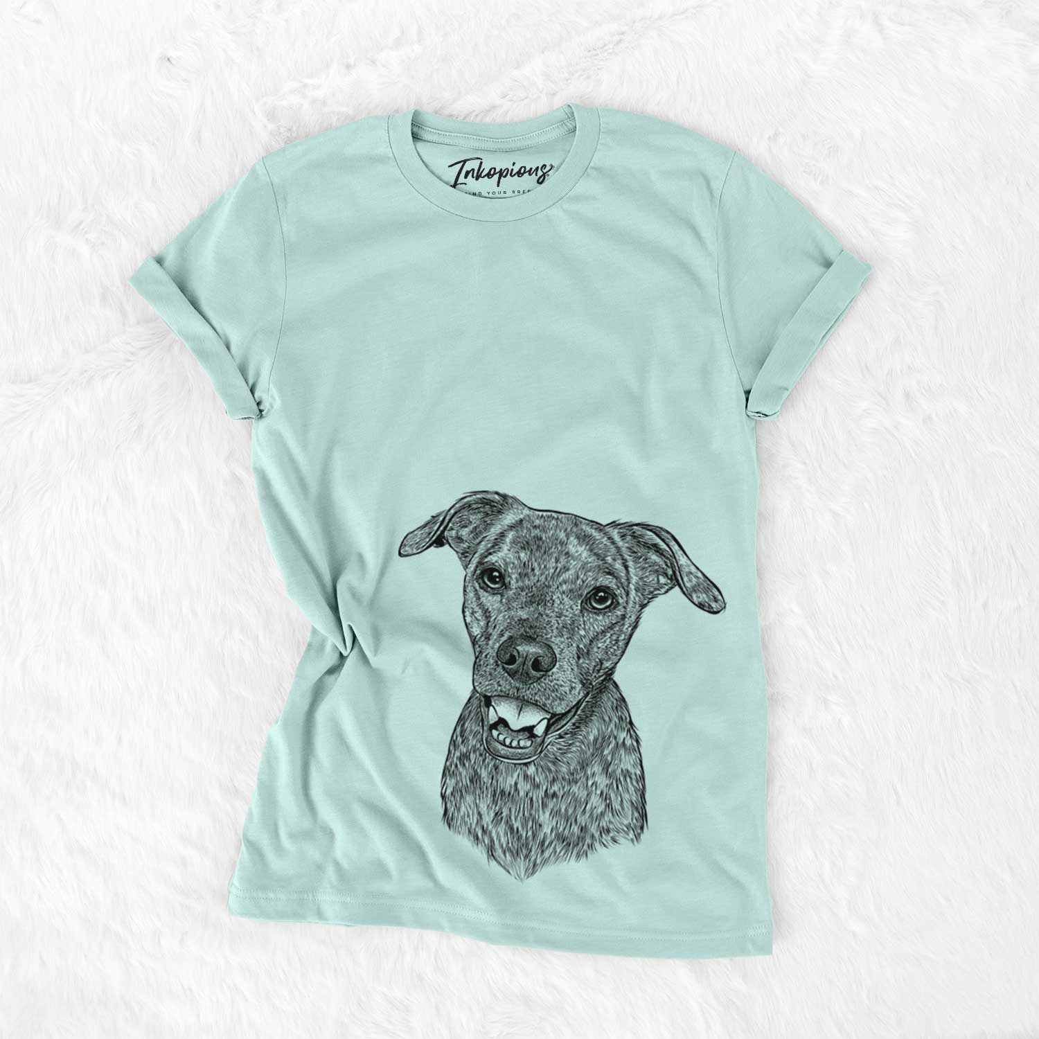 Hand-drawn sketch of Kirby the Mountain Cur Mix on a Heather Sage Bella Canvas Unisex Crewneck