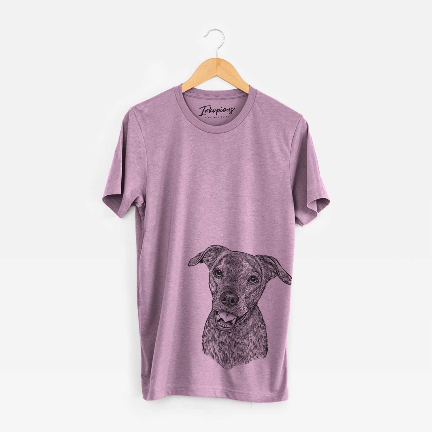 Hand-drawn sketch of Kirby the Mountain Cur Mix on an Orchid Bella Canvas Unisex Crewneck