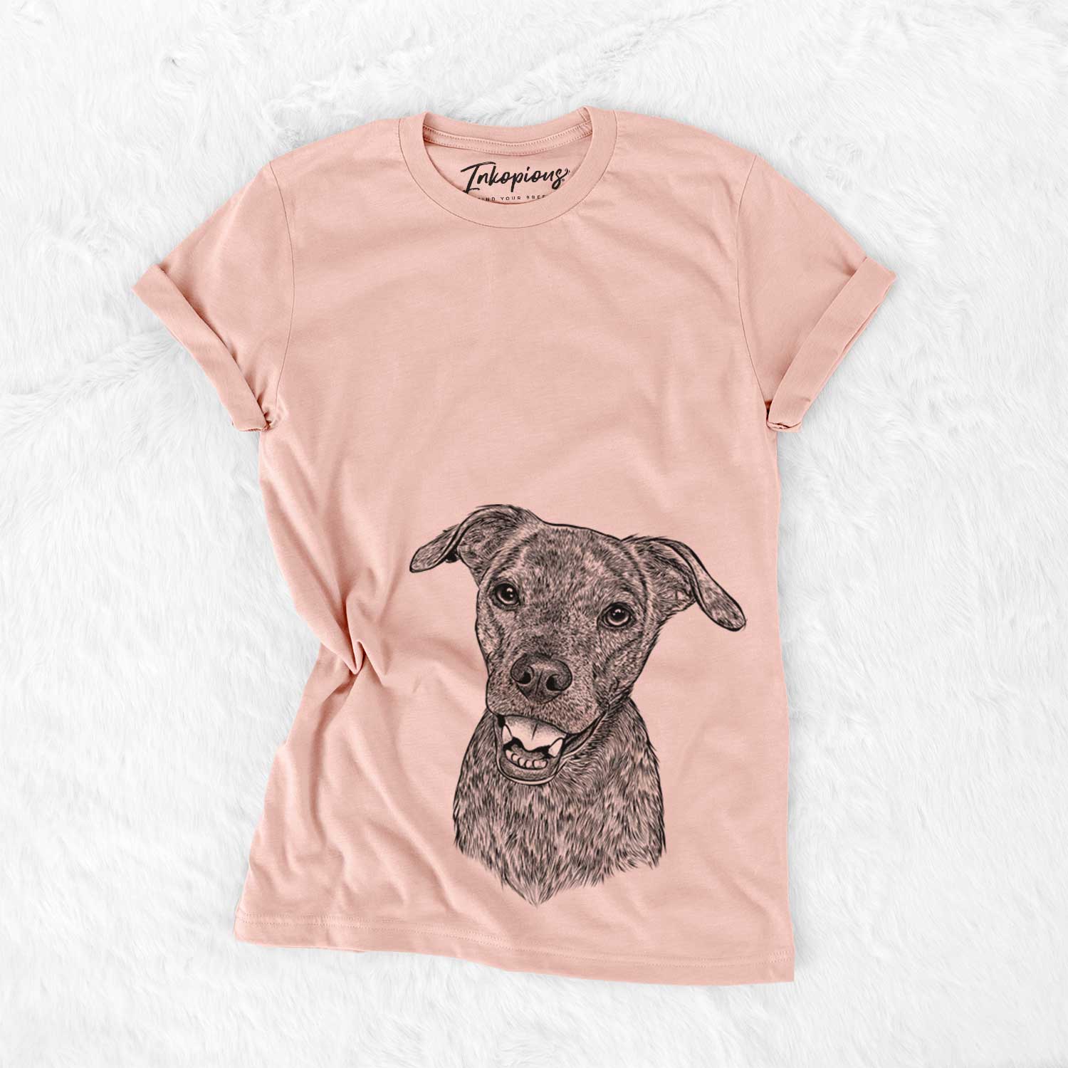 Hand-drawn sketch of Kirby the Mountain Cur Mix on a Peach Bella Canvas Unisex Crewneck