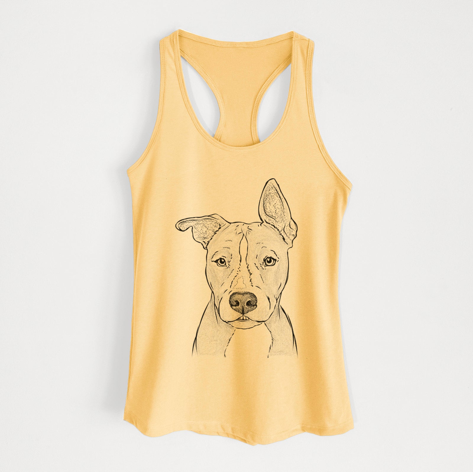 Hand-drawn sketch of Kisses the Pitbull on a Banana Cream Women's racerback tanktop