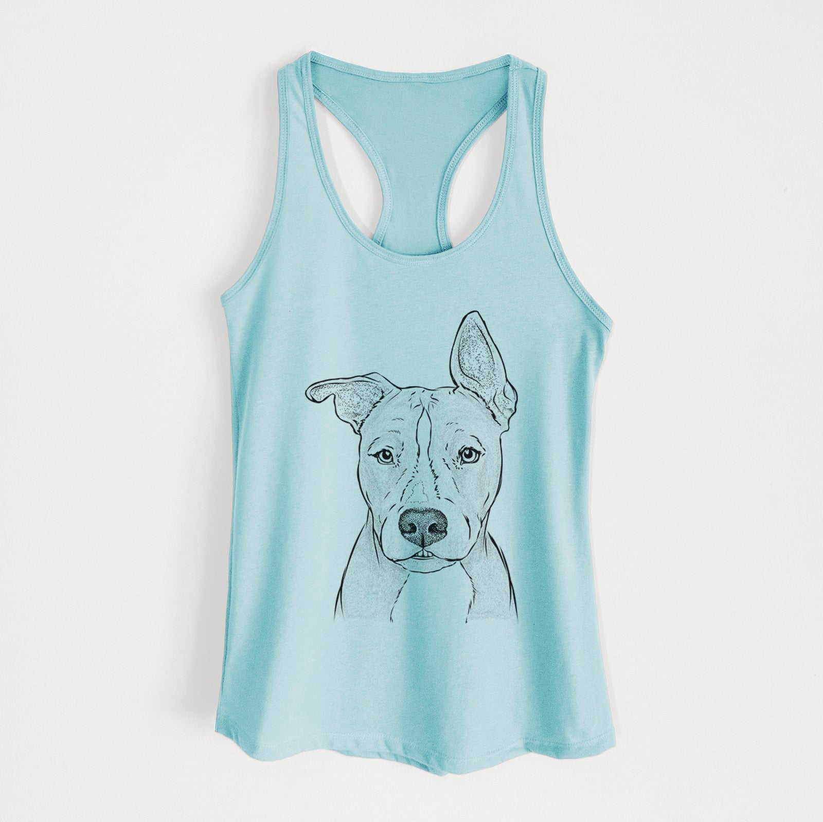 Hand-drawn sketch of Kisses the Pitbull on a Cancun Blue Women's racerback tanktop