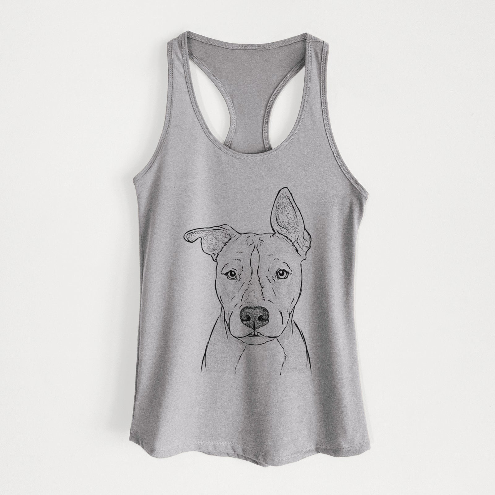 Hand-drawn sketch of Kisses the Pitbull on a Heather Grey Women's racerback tanktop