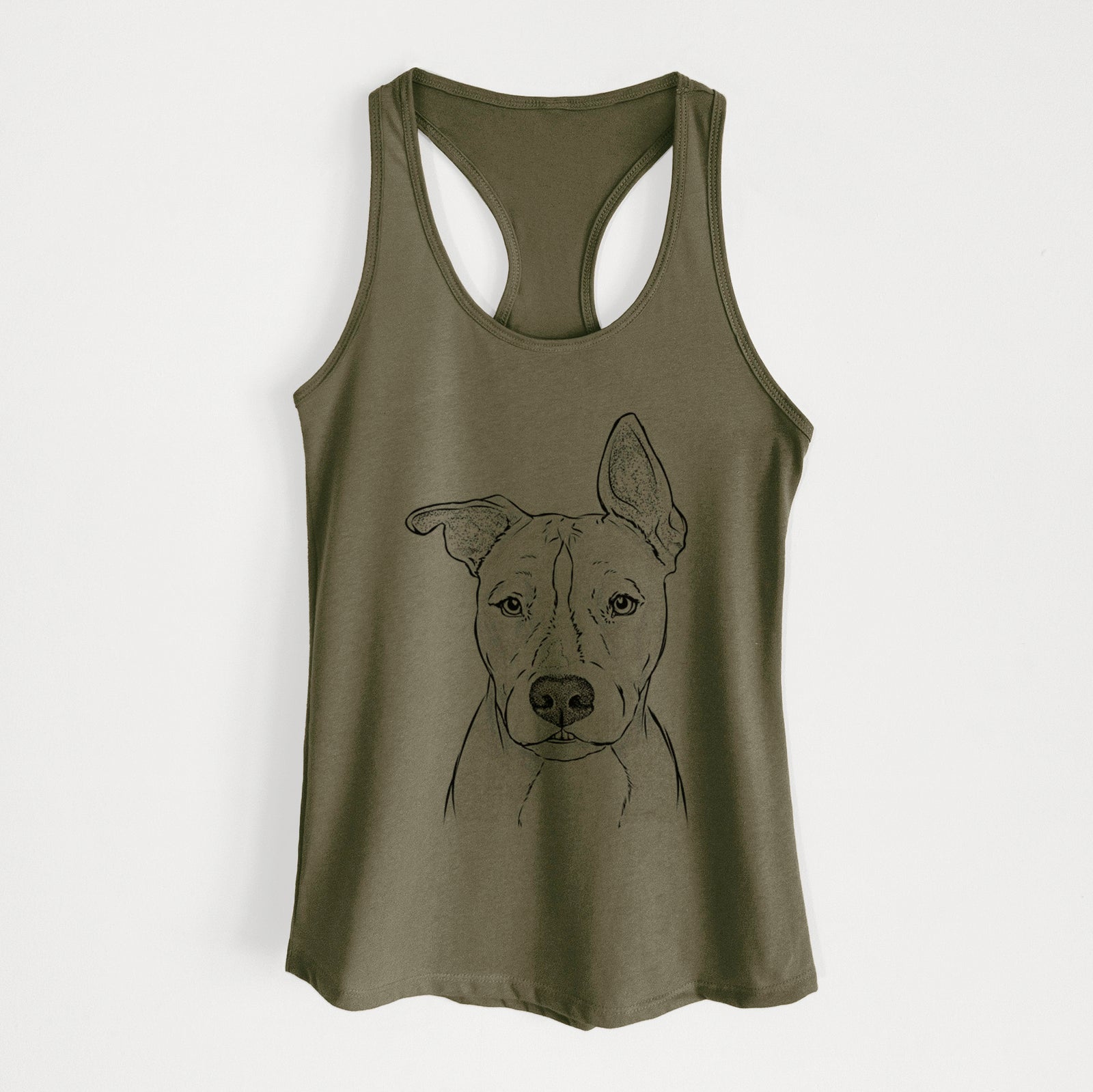 Hand-drawn sketch of Kisses the Pitbull on a Military Green Women's racerback tanktop