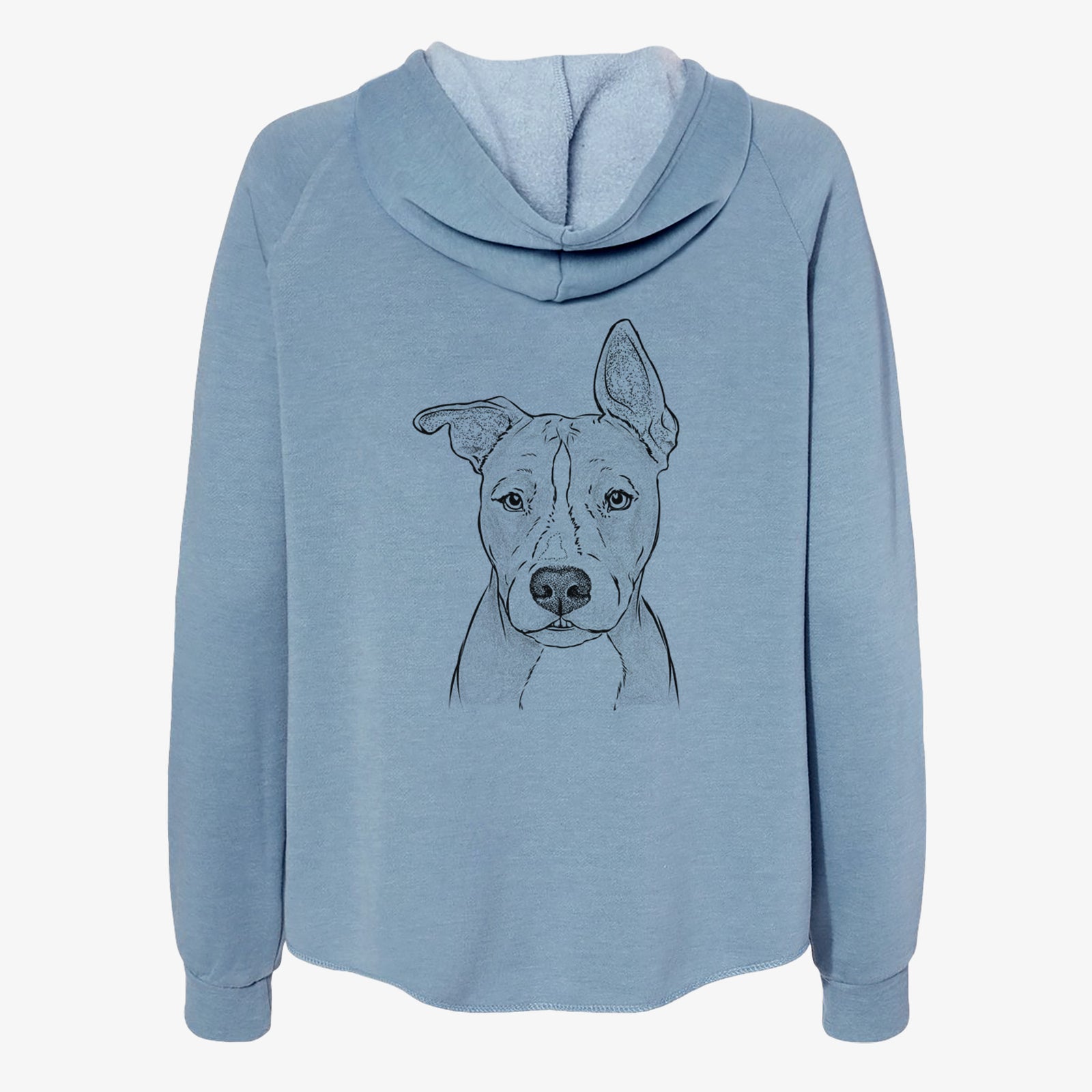 Hand-drawn sketch of Kisses the Pitbull on a Misty Blue Women's cali wave zip-up sweatshirt