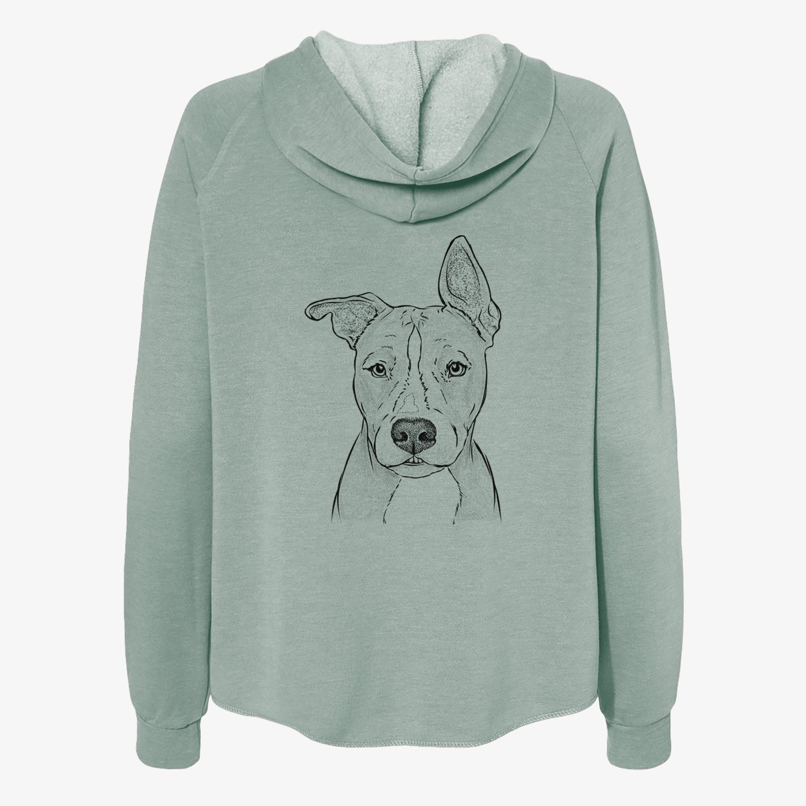 Hand-drawn sketch of Kisses the Pitbull on a Sage Women's cali wave zip-up sweatshirt