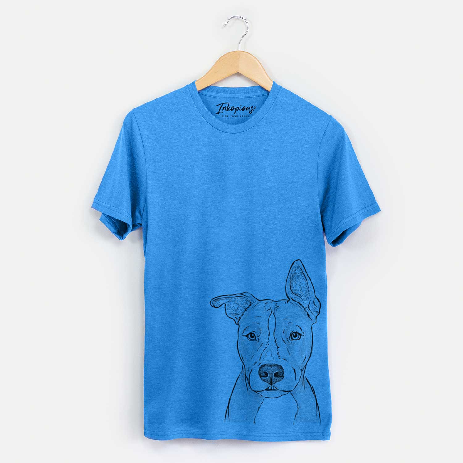 Hand-drawn sketch of Kisses the Pitbull on a Blue Unisex crewneck