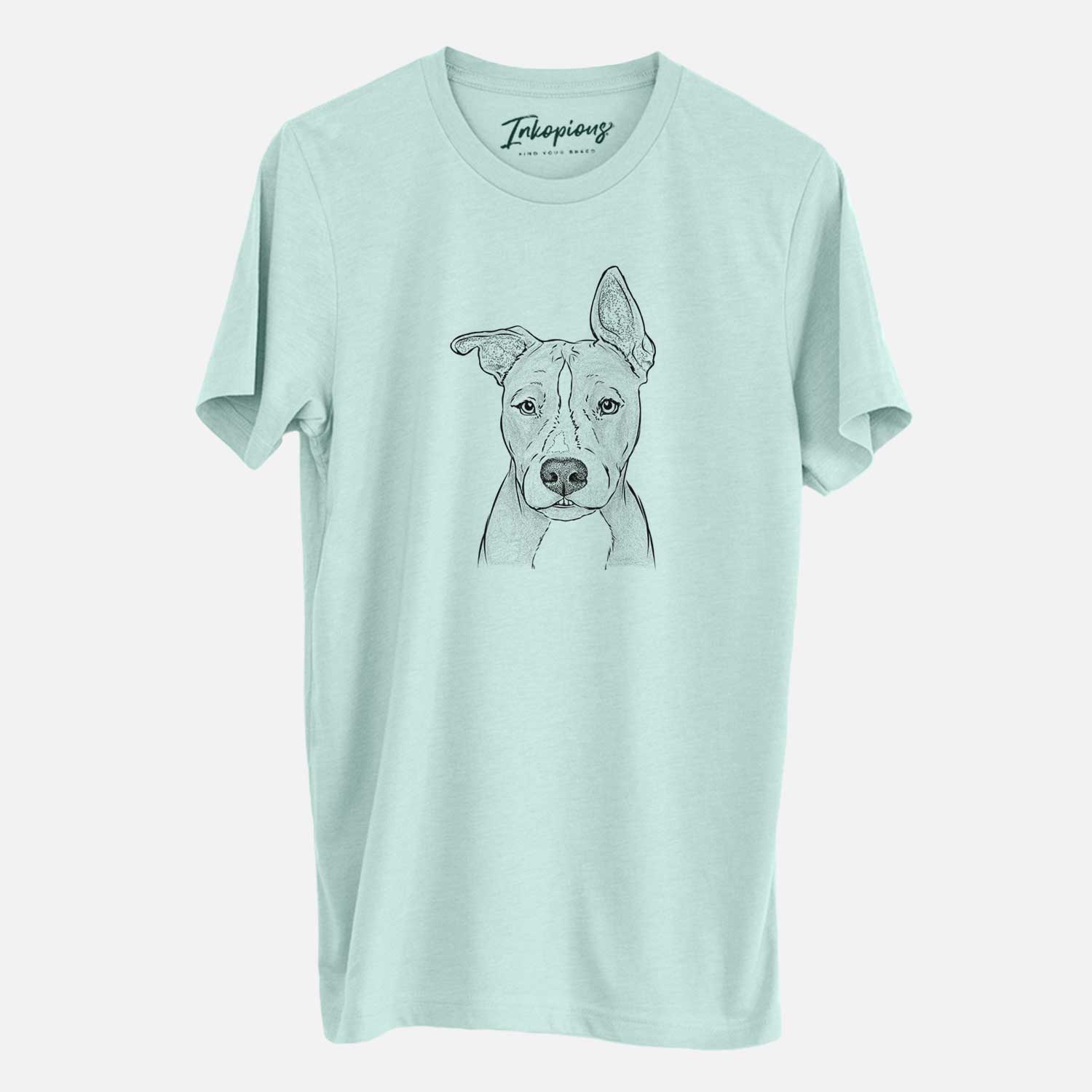 Hand-drawn sketch of Kisses the Pitbull on a Heather Sage Unisex crewneck
