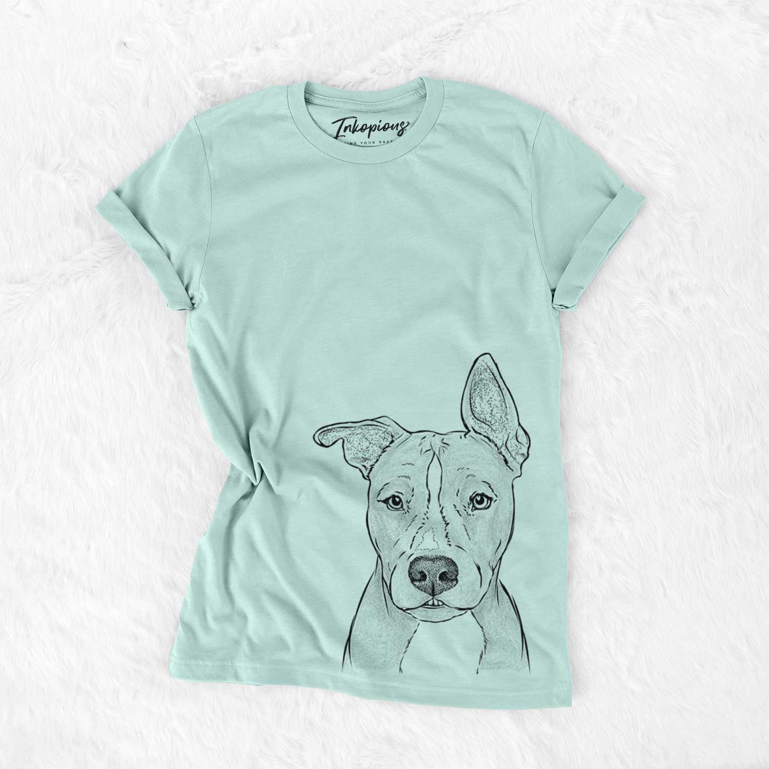 Hand-drawn sketch of Kisses the Pitbull on a Heather Sage Unisex crewneck