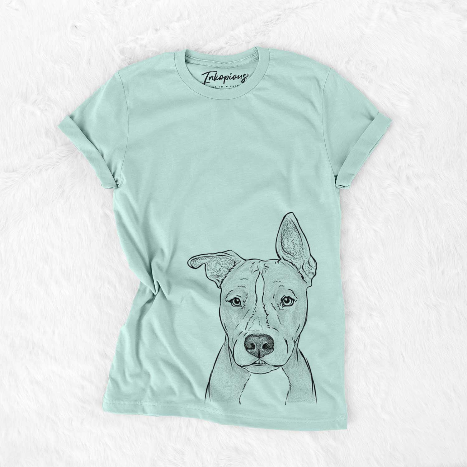 Hand-drawn sketch of Kisses the Pitbull on a Heather Sage Bella Canvas Unisex Crewneck