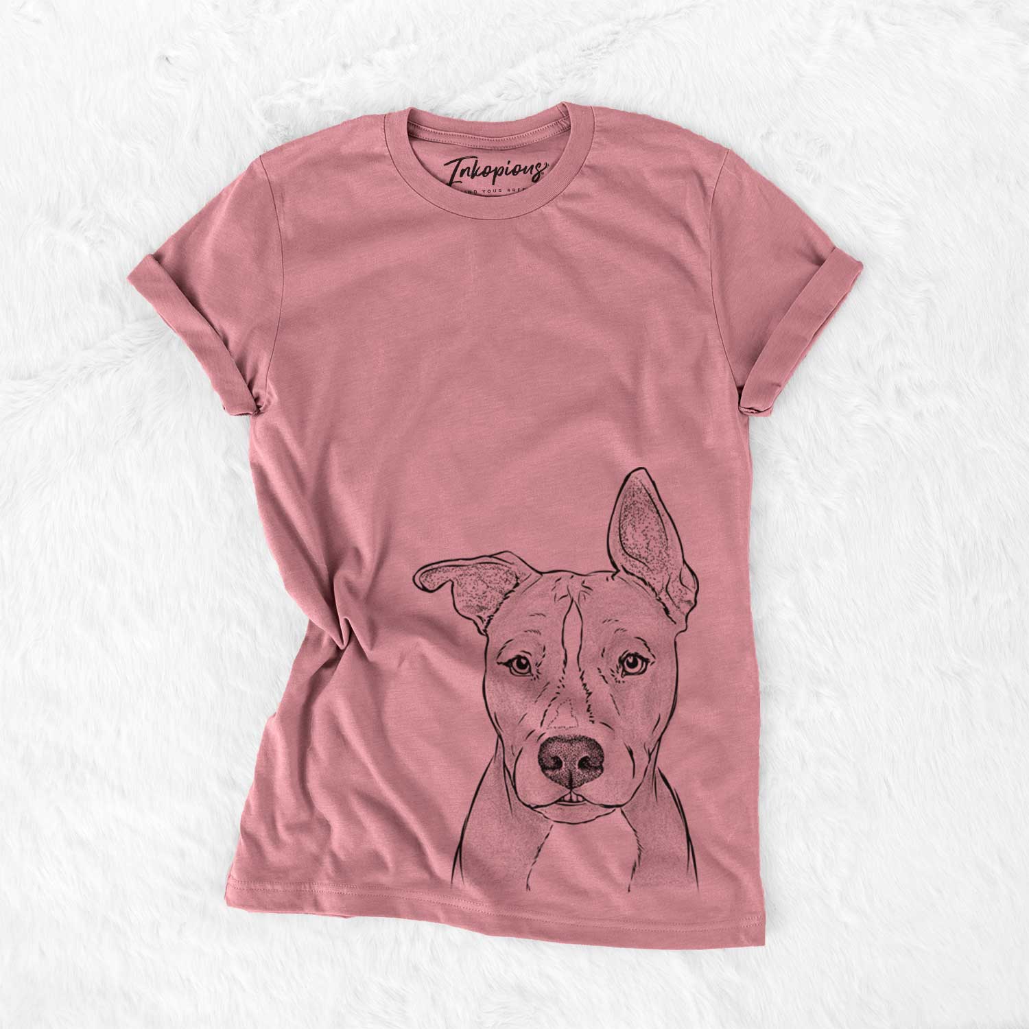 Hand-drawn sketch of Kisses the Pitbull on a Mauve Bella Canvas Unisex Crewneck