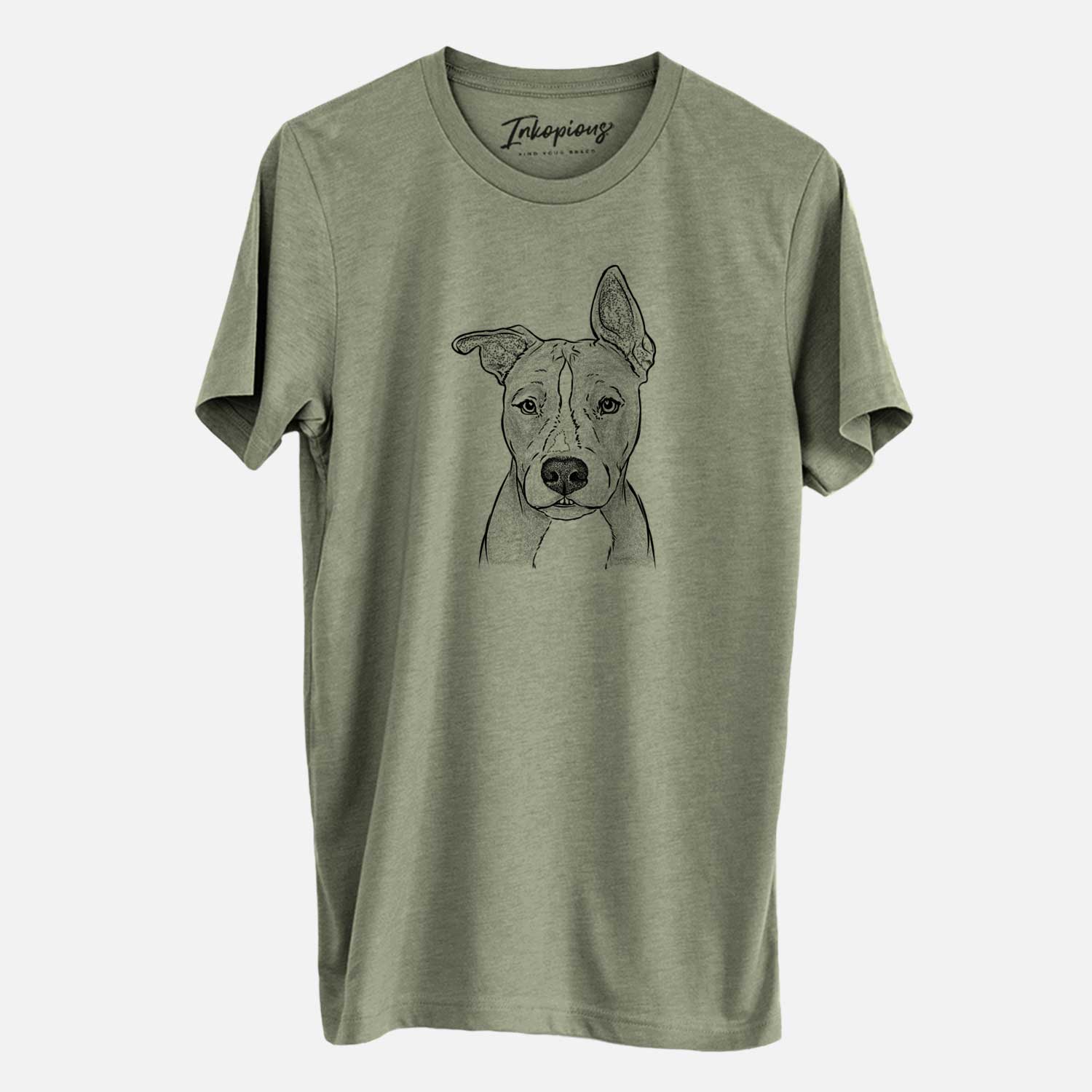 Hand-drawn sketch of Kisses the Pitbull on an Olive Unisex crewneck