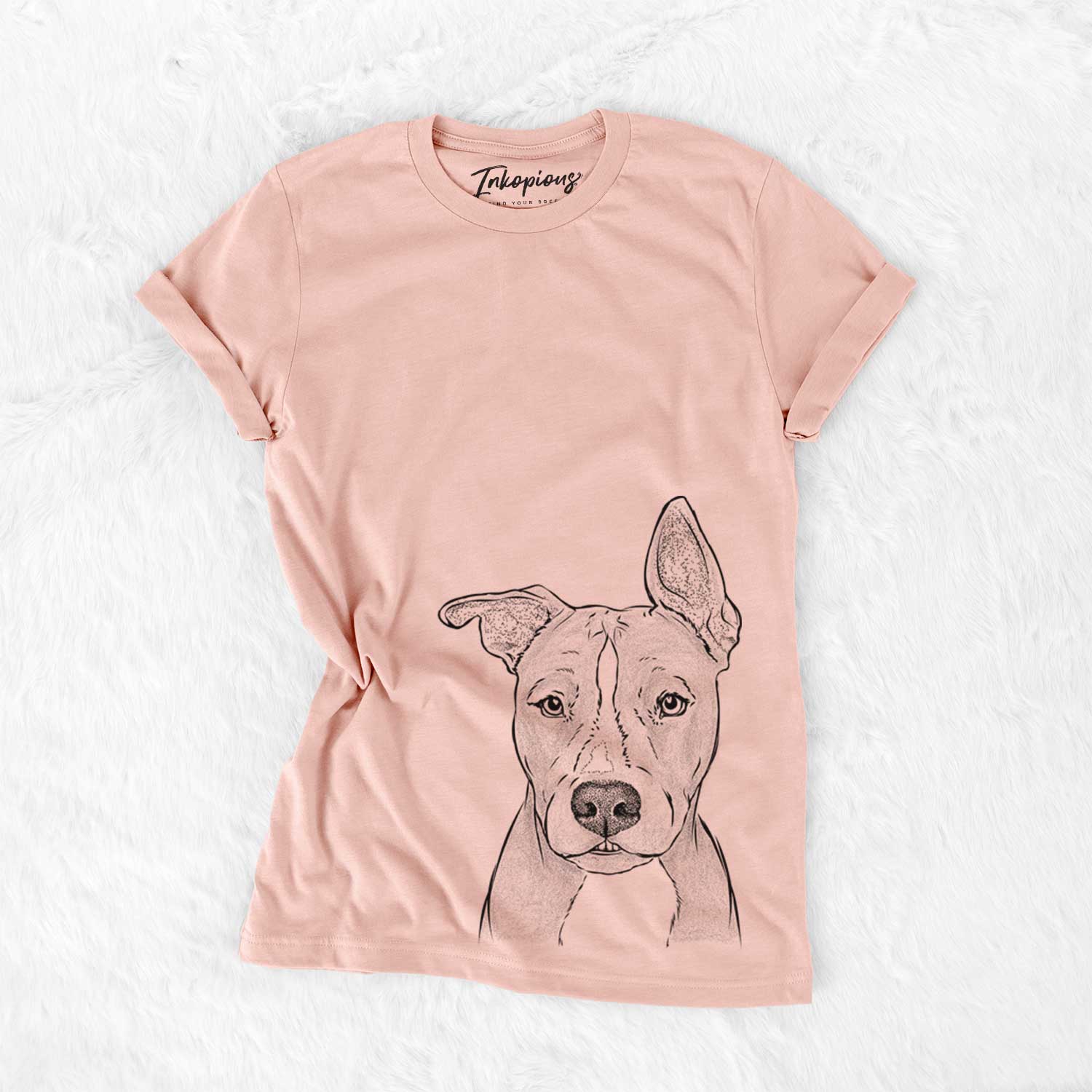 Hand-drawn sketch of Kisses the Pitbull on a Peach Bella Canvas Unisex Crewneck