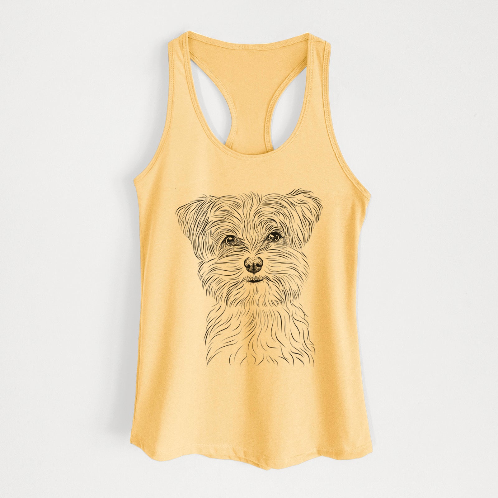 Hand-drawn sketch of Kiwi the Morkie on a Banana Cream Women's racerback tanktop