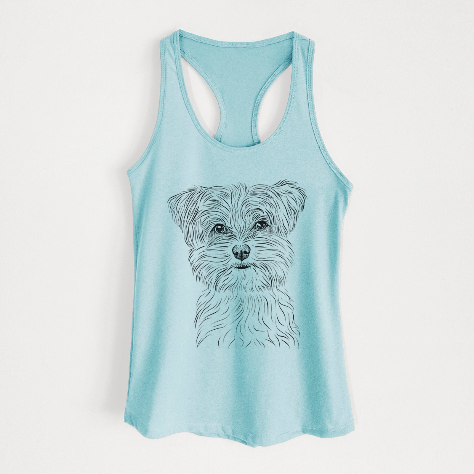 Hand-drawn sketch of Kiwi the Morkie on a Cancun Blue Women's racerback tanktop
