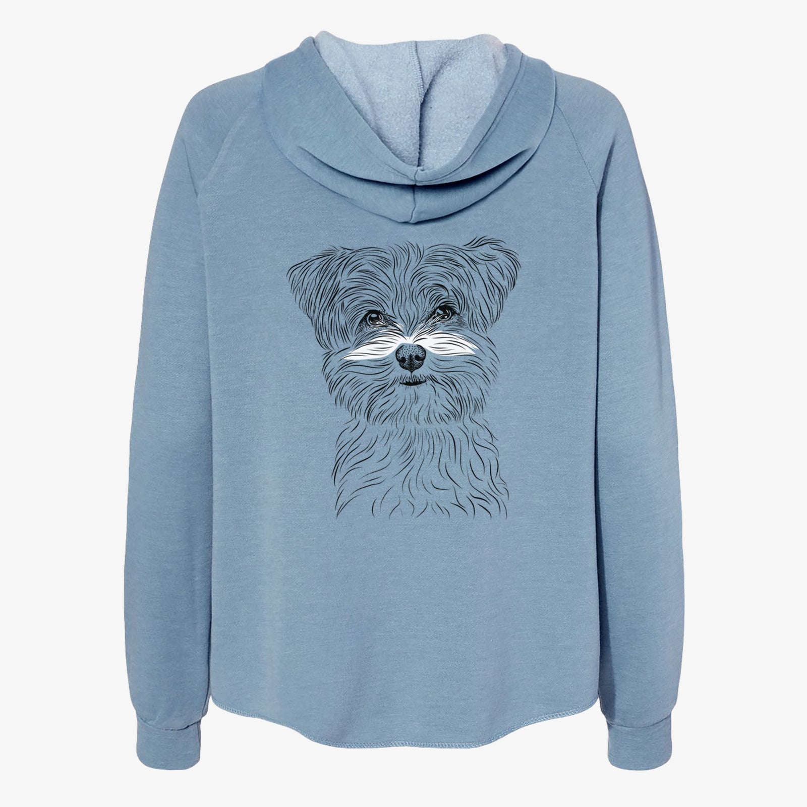 Hand-drawn sketch of Kiwi the Morkie on a Misty Blue Women's cali wave zip-up sweatshirt