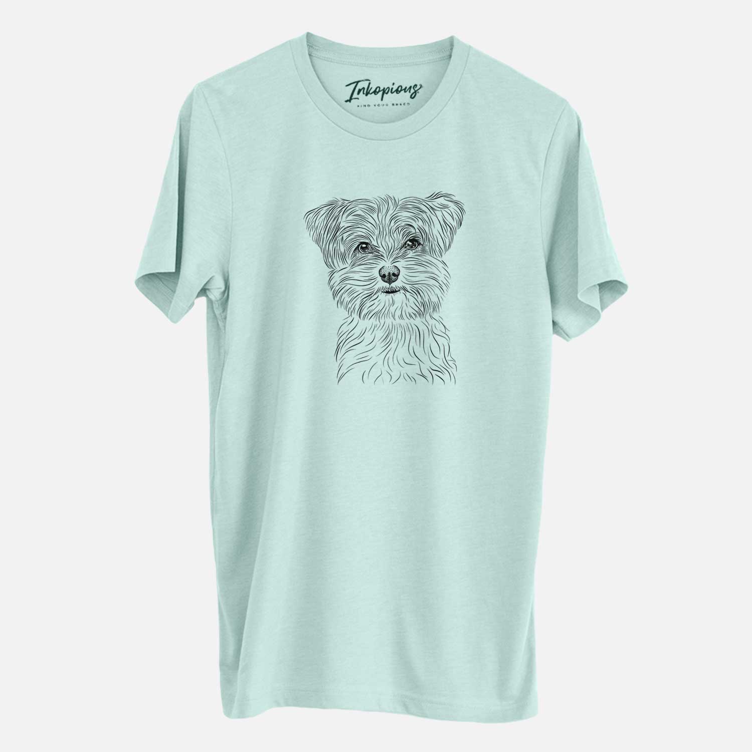 Hand-drawn sketch of Kiwi the Morkie on a Heather Sage Unisex crewneck