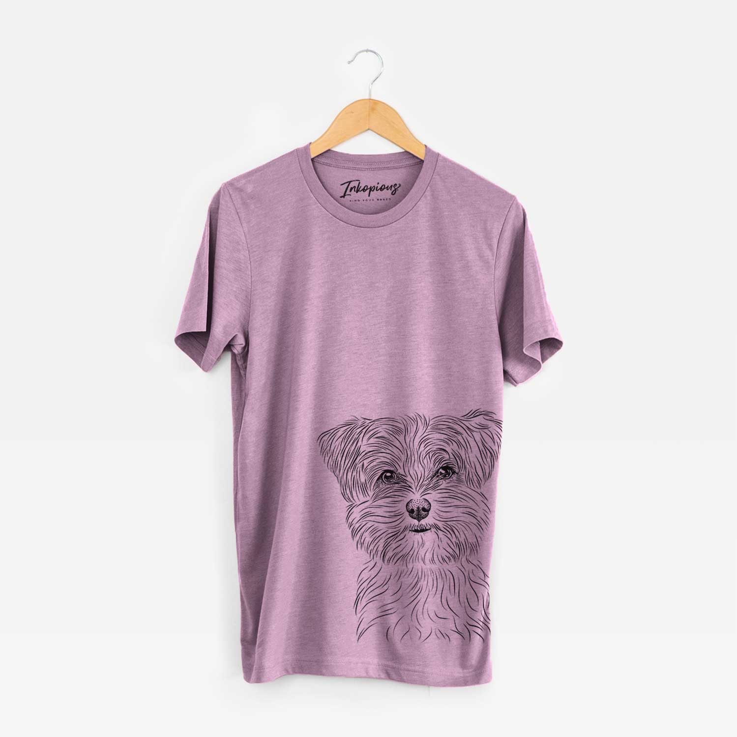 Hand-drawn sketch of Kiwi the Morkie on an Orchid Bella Canvas Unisex Crewneck