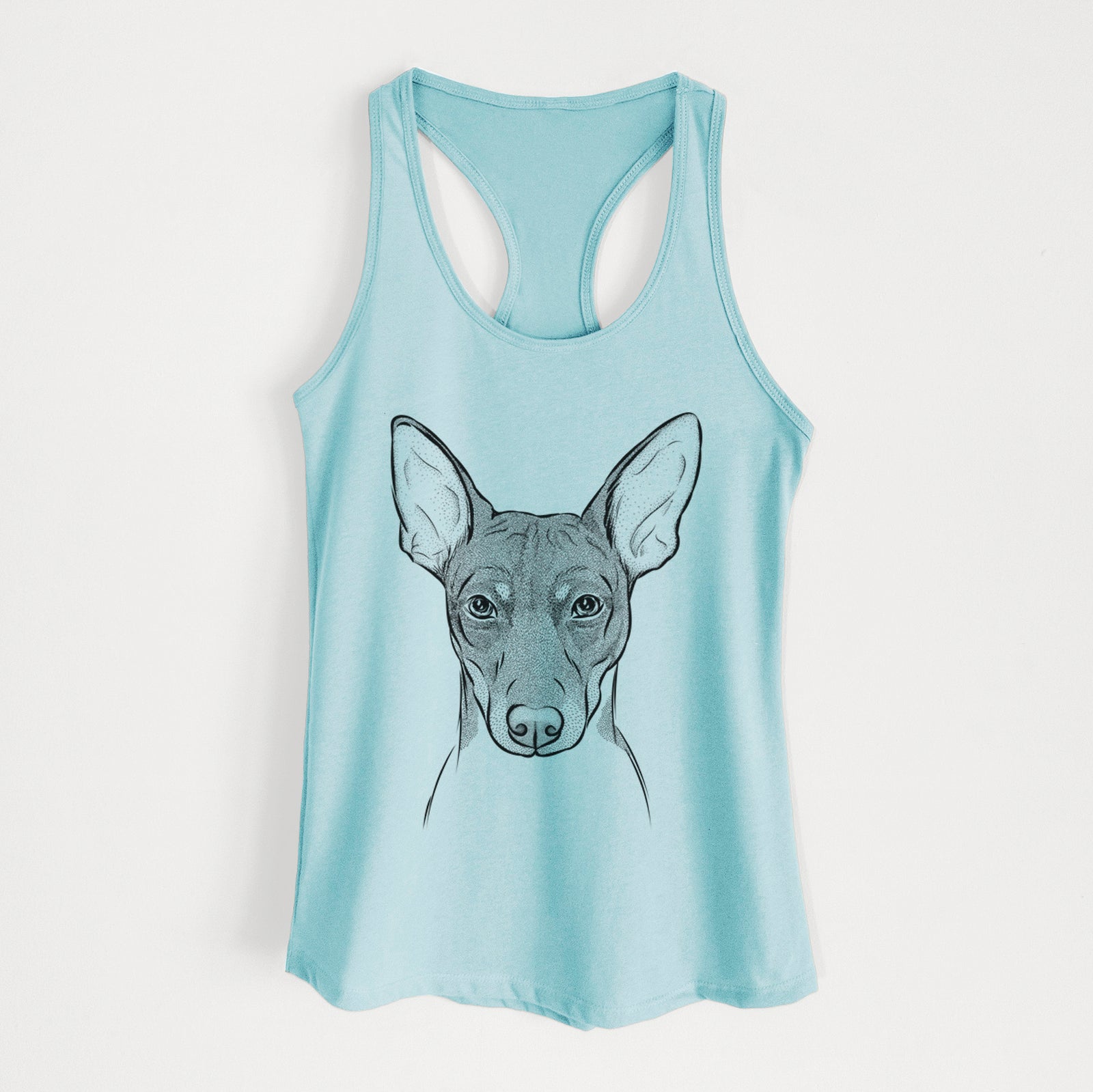 Hand-drawn sketch of Knox the Rat Terrier on a Cancun Blue Women's racerback tanktop