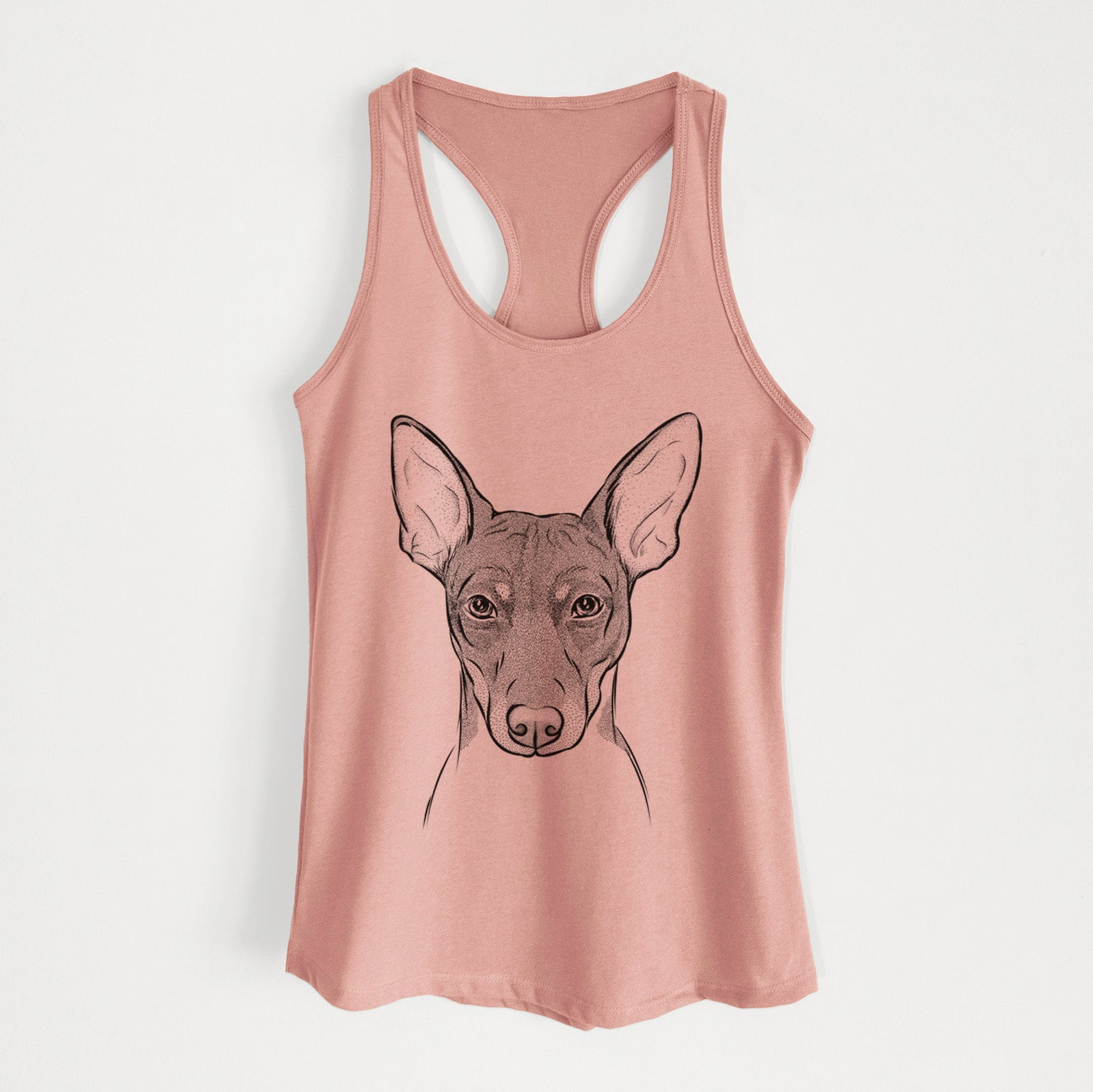 Hand-drawn sketch of Knox the Rat Terrier on a Desert Pink Women's racerback tanktop