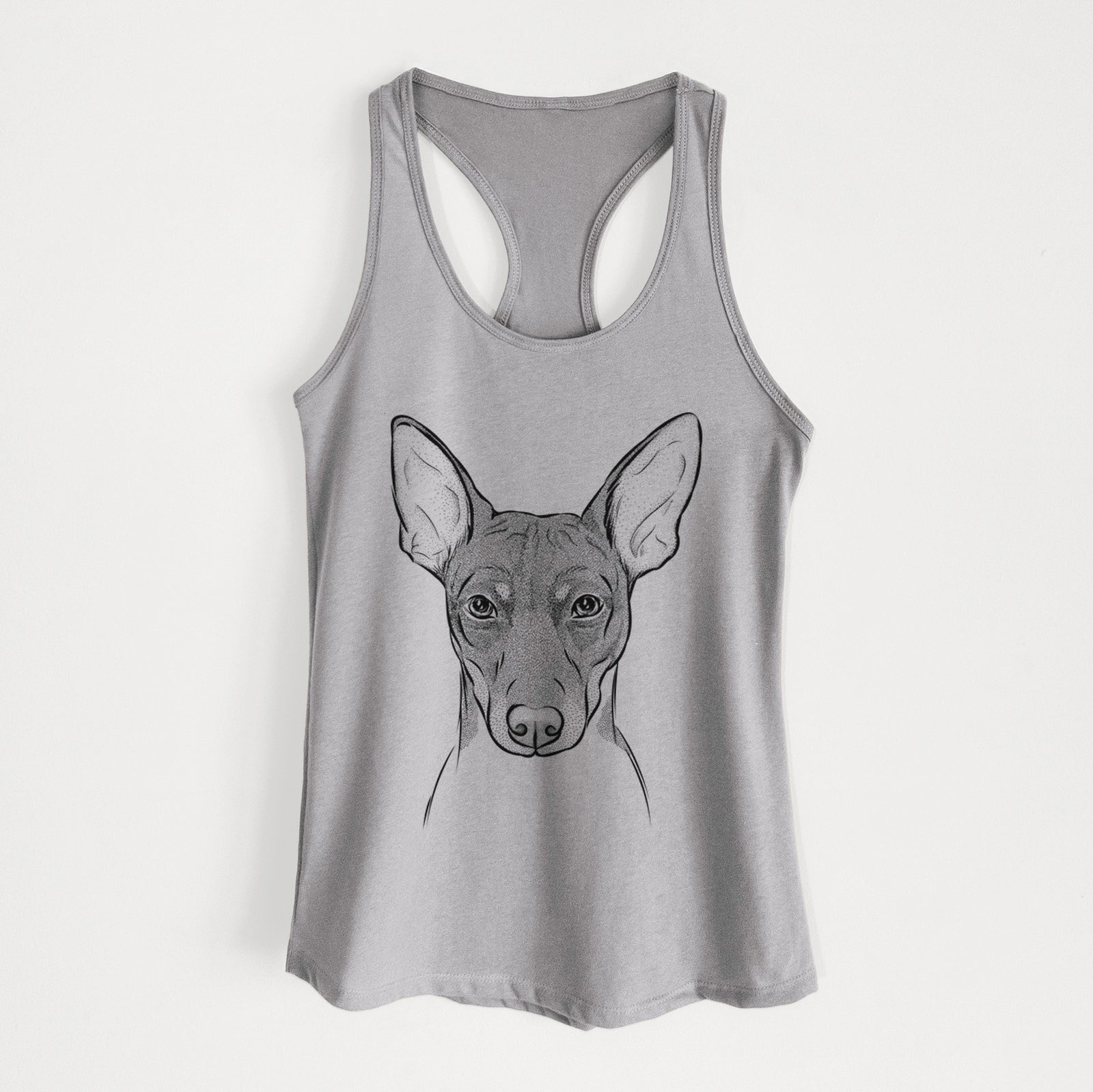 Hand-drawn sketch of Knox the Rat Terrier on a Heather Grey Women's racerback tanktop