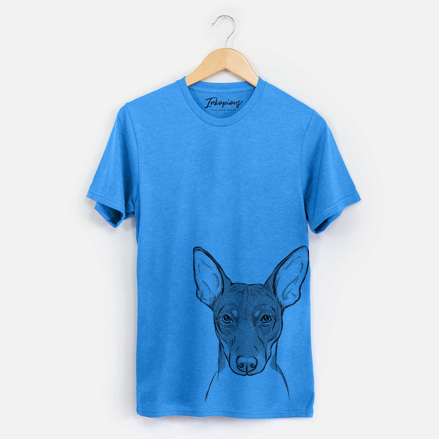 Hand-drawn sketch of Knox the Rat Terrier on a Blue Unisex crewneck