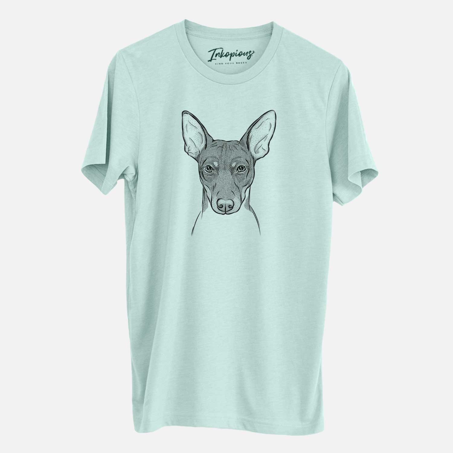 Hand-drawn sketch of Knox the Rat Terrier on a Heather Sage Unisex crewneck
