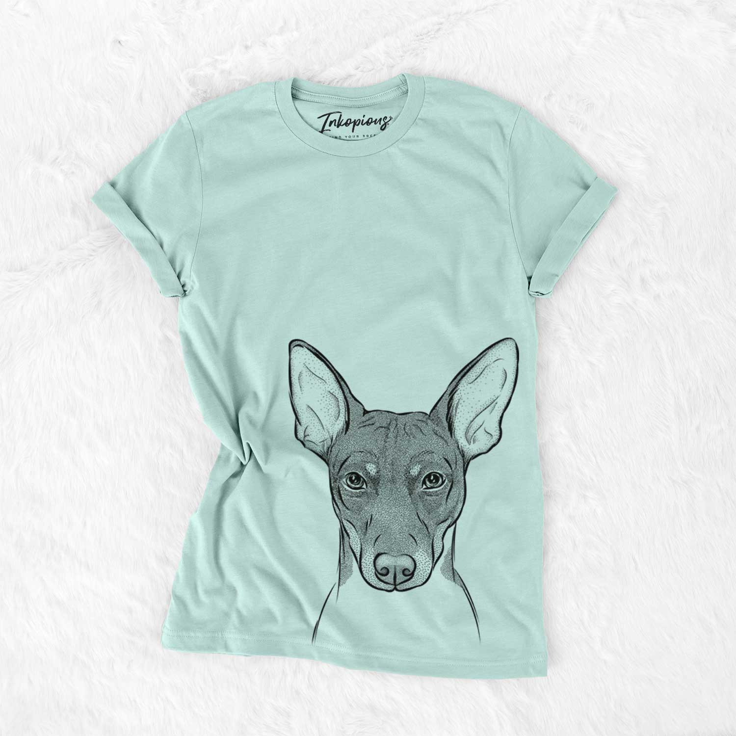 Hand-drawn sketch of Knox the Rat Terrier on a Heather Sage Unisex crewneck