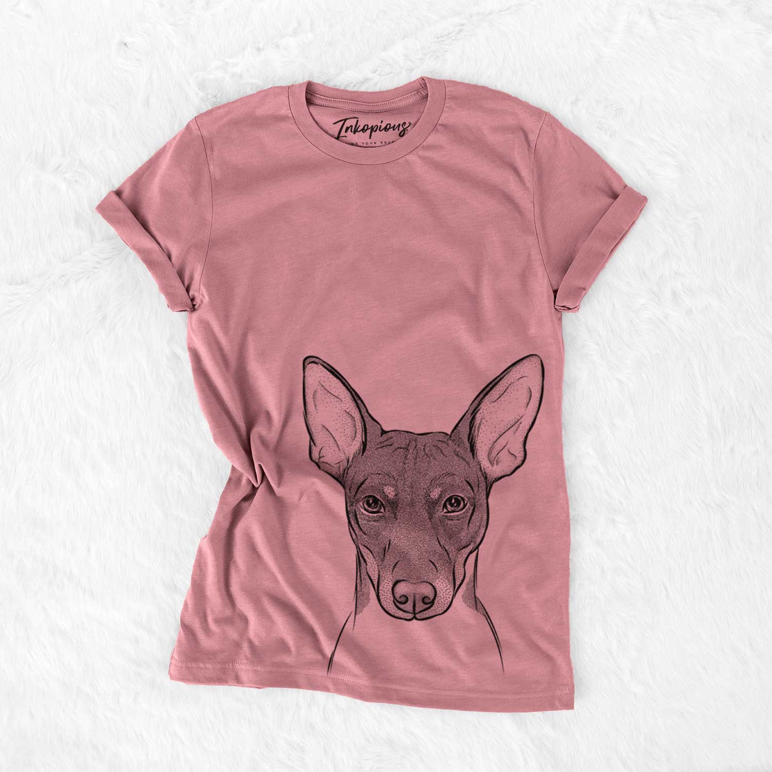 Hand-drawn sketch of Knox the Rat Terrier on a Mauve Unisex crewneck