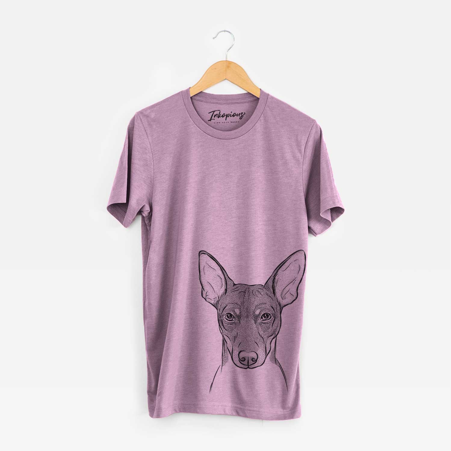 Hand-drawn sketch of Knox the Rat Terrier on an Orchid Bella Canvas Unisex Crewneck