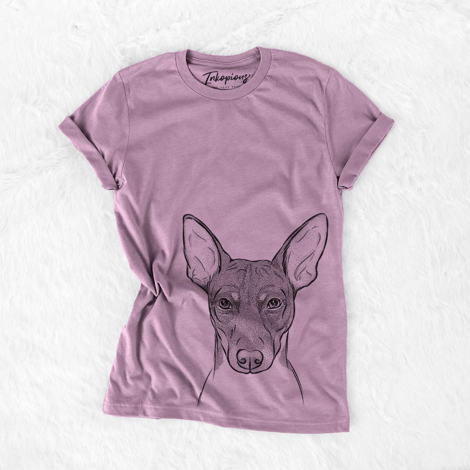 Hand-drawn sketch of Knox the Rat Terrier on an Orchid Bella Canvas Unisex Crewneck
