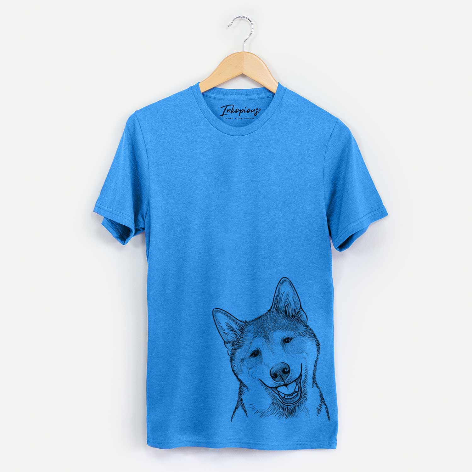 Hand-drawn sketch of Koby the Shiba Inu on a Blue Unisex crewneck