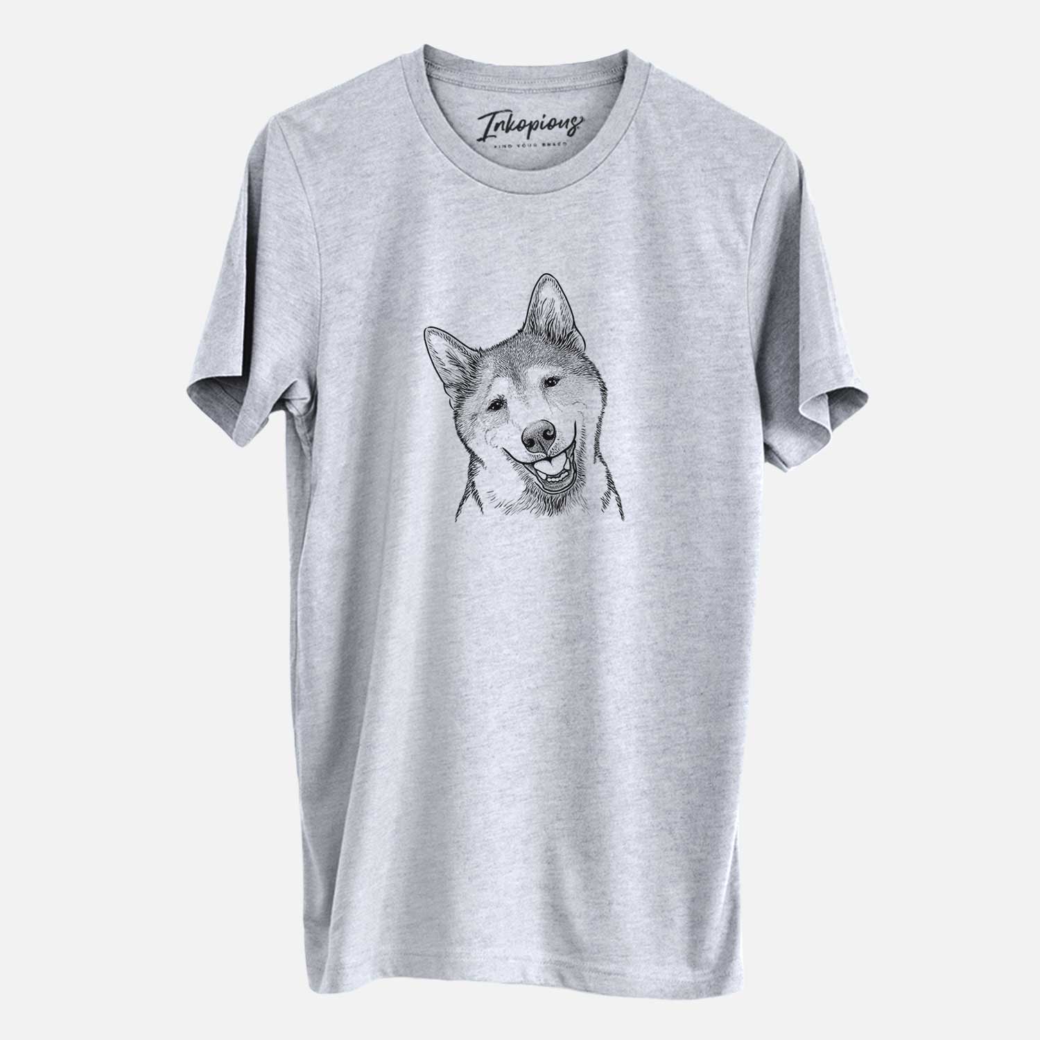 Hand-drawn sketch of Koby the Shiba Inu on a Grey Unisex crewneck