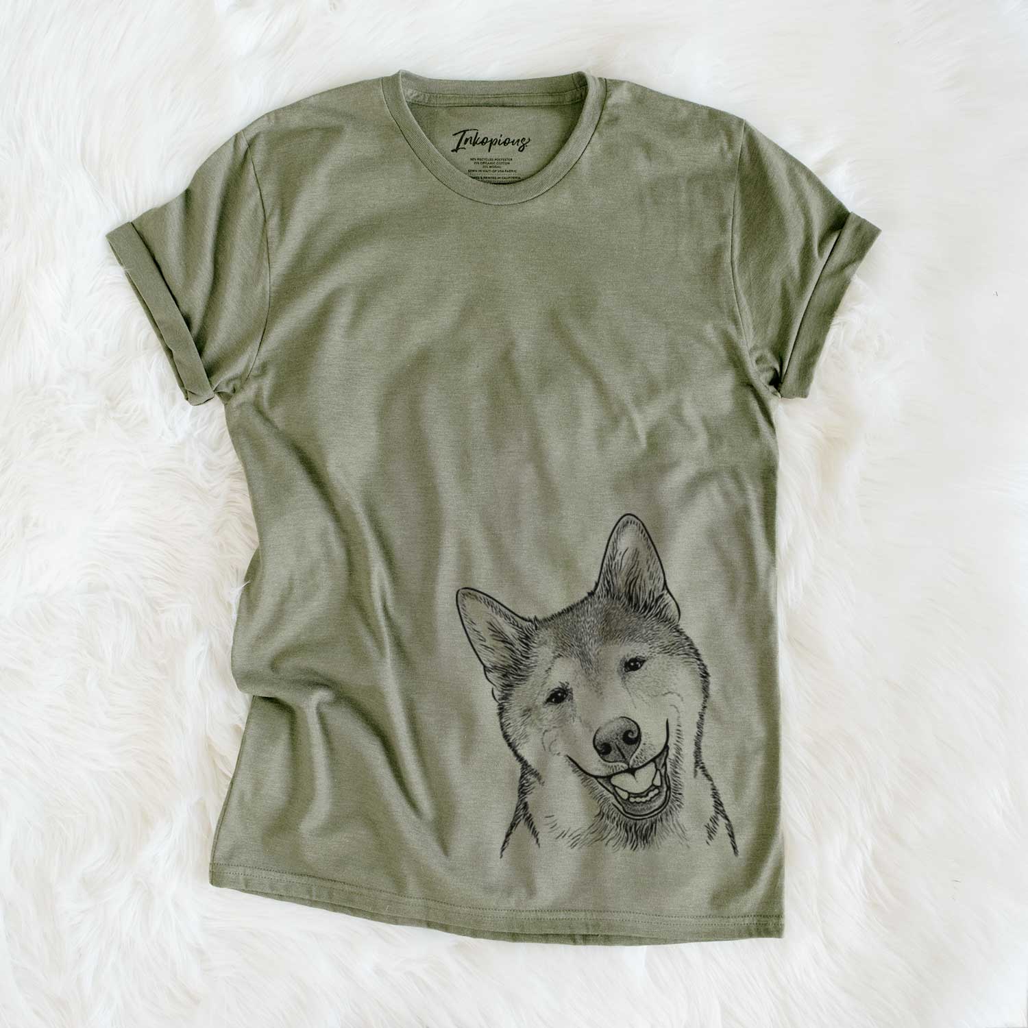Hand-drawn sketch of Koby the Shiba Inu on an Olive Unisex crewneck