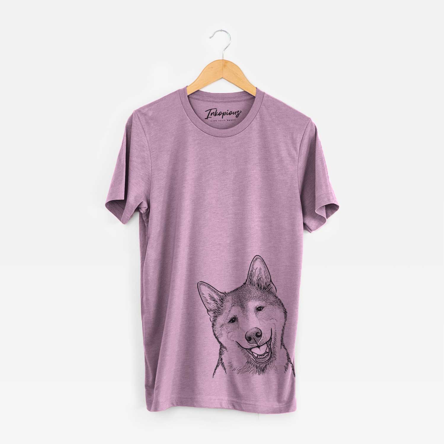 Hand-drawn sketch of Koby the Shiba Inu on an Orchid Unisex crewneck