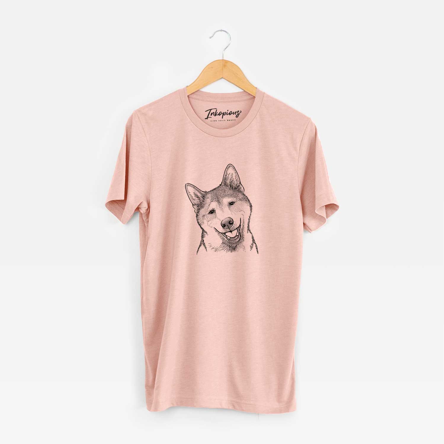 Hand-drawn sketch of Koby the Shiba Inu on a Peach Unisex crewneck
