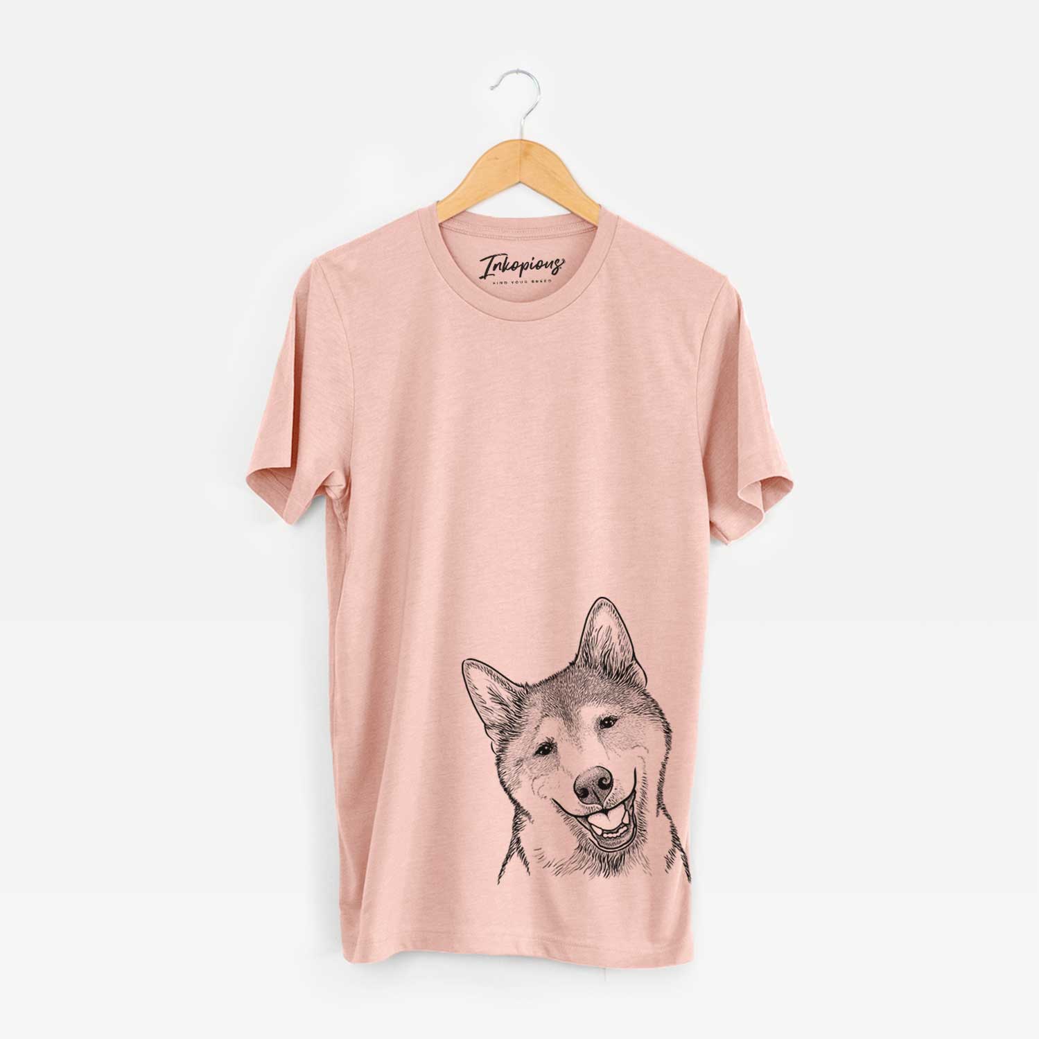 Hand-drawn sketch of Koby the Shiba Inu on a Peach Unisex crewneck