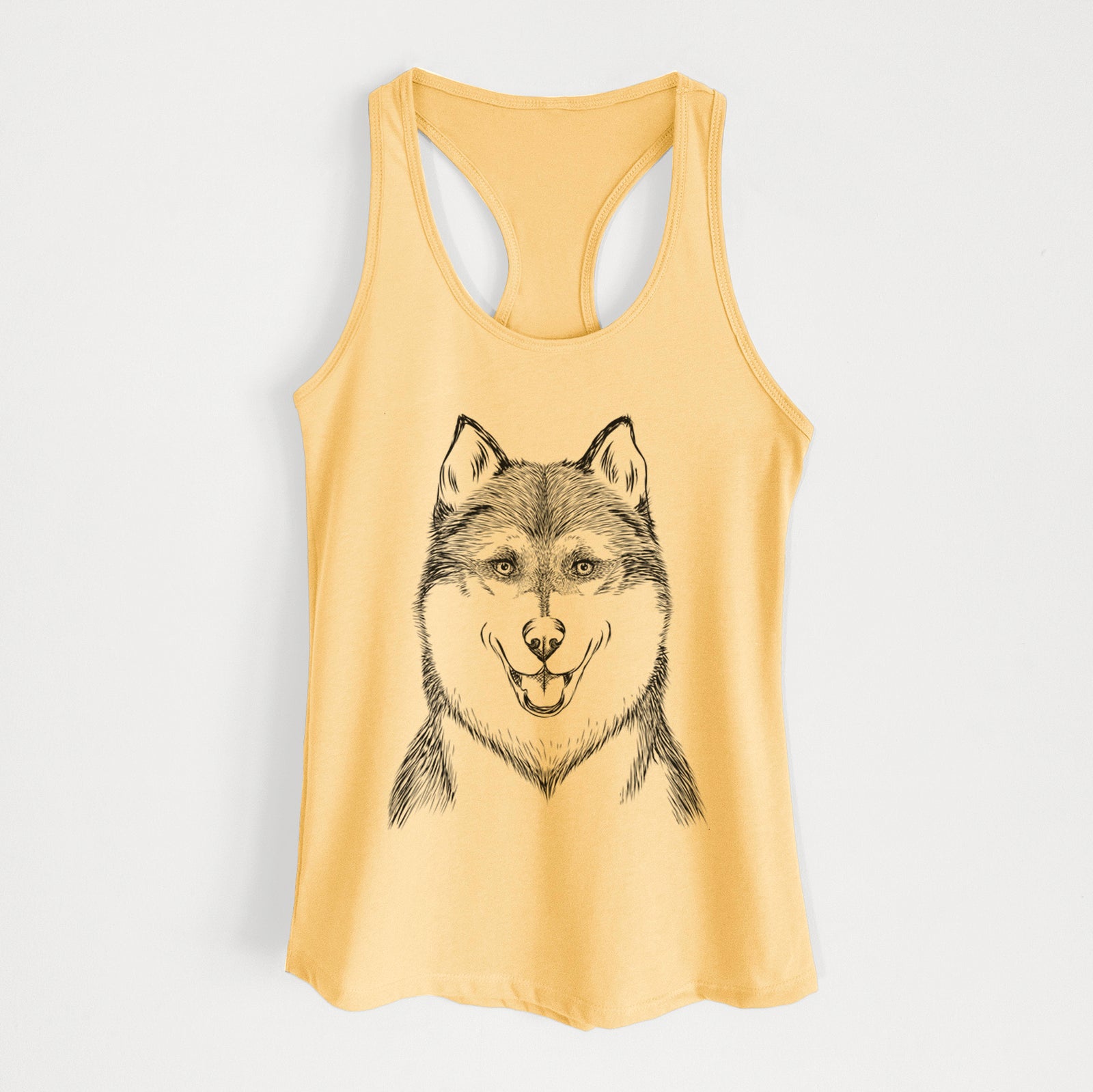 Hand-drawn sketch of Koda the Siberian Husky on a Banana Cream Women's racerback tanktop