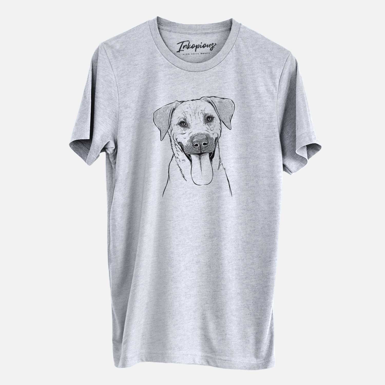 Hand-drawn sketch of Koda the Black Mouth Cur on a Grey Unisex crewneck