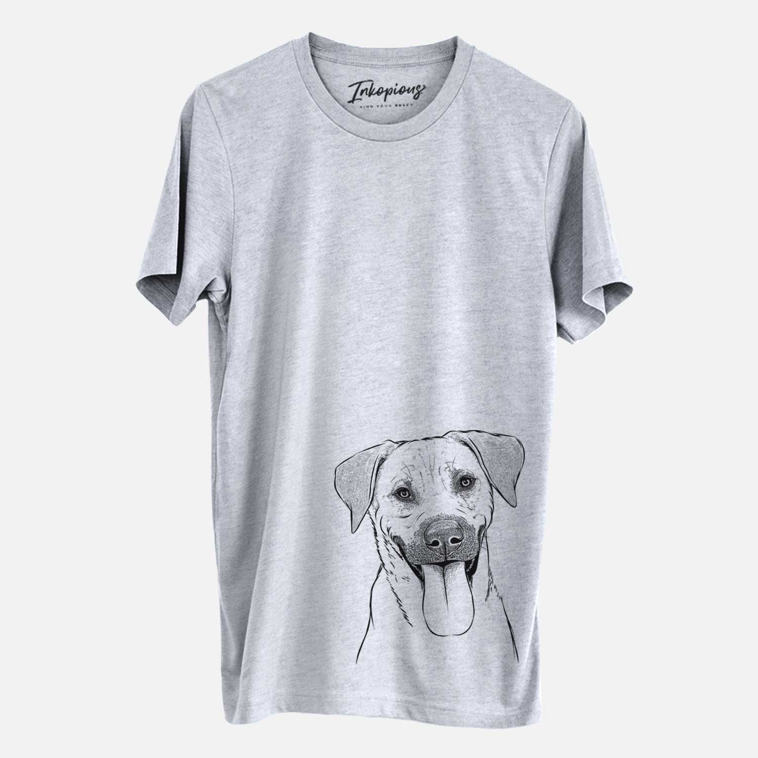 Hand-drawn sketch of Koda the Black Mouth Cur on a Grey Unisex crewneck