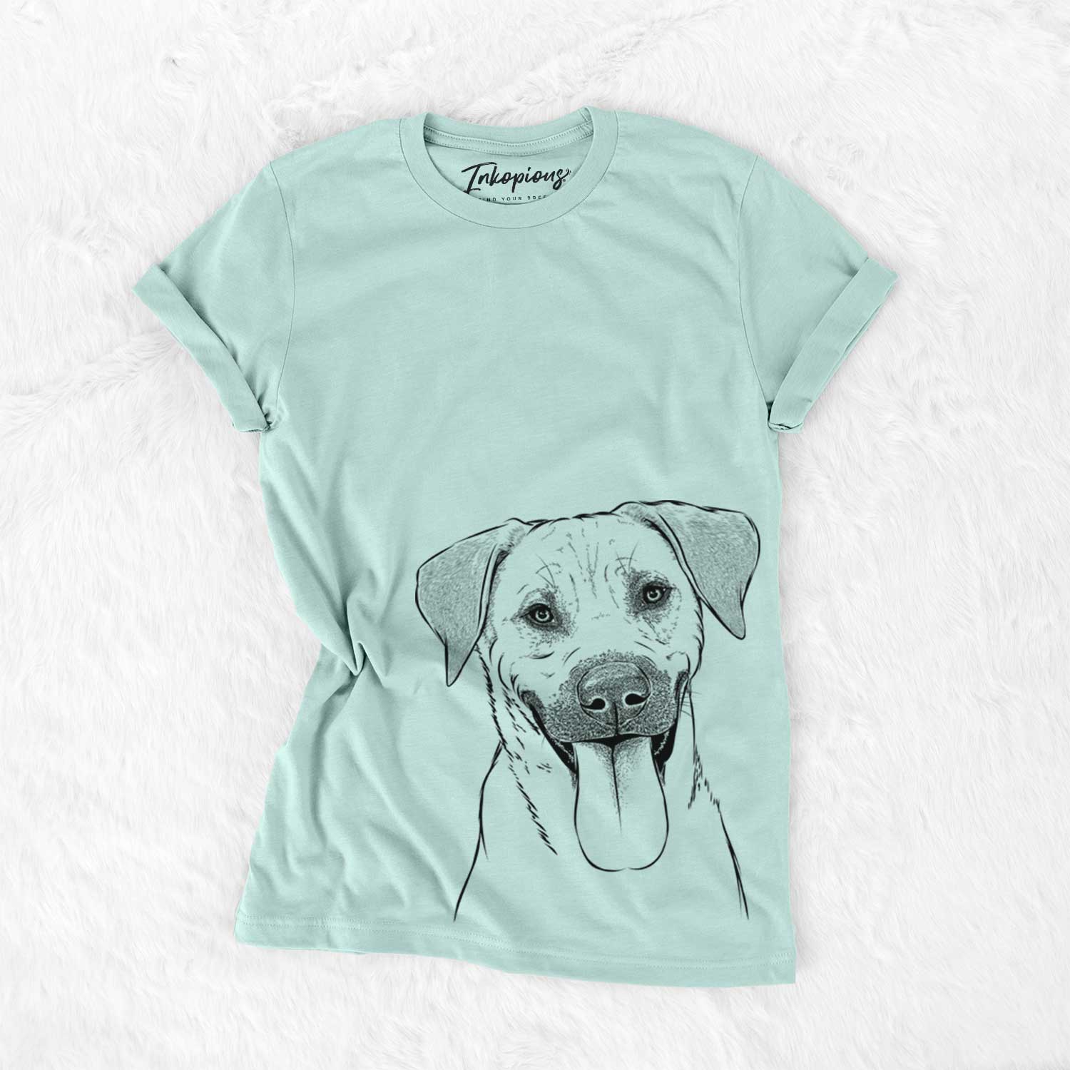 Hand-drawn sketch of Koda the Black Mouth Cur on a Heather Sage Unisex crewneck