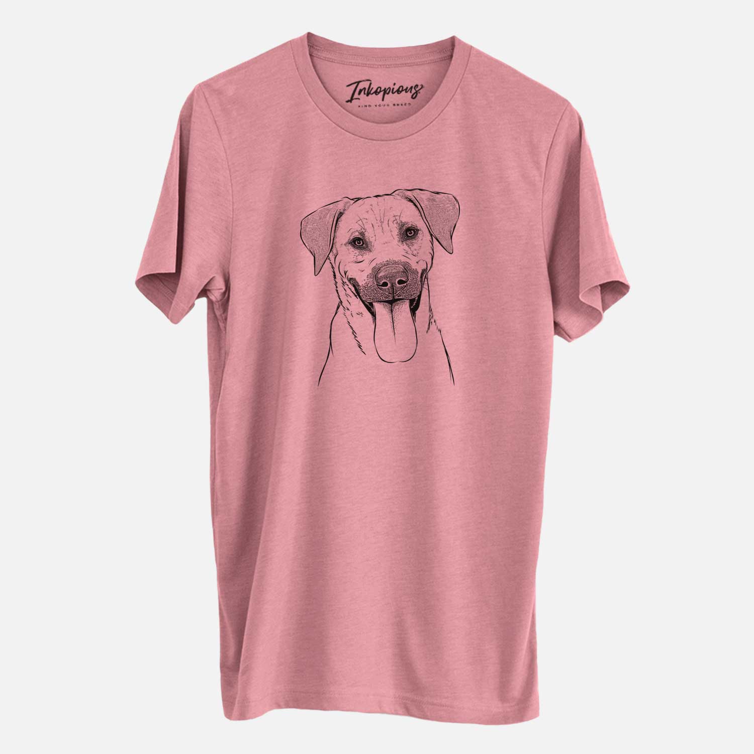 Hand-drawn sketch of Koda the Black Mouth Cur on a Mauve Unisex crewneck